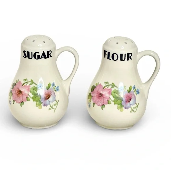 Vintage Hall China Morning Glory Sugar Flour Shakers Set Handles Floral Kitchen - Picture 1 of 8